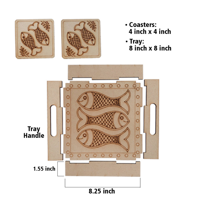 Madhubani painting on Engraved MDF Tray with Tea Coasters Hobbyist level DIY Kit 