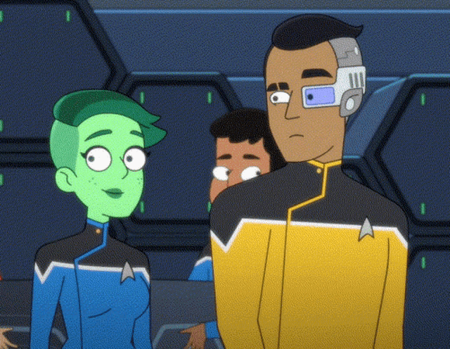 a gif of Ensign Tendi, voiced by Noël Wells, and Ensign Rutherford, voiced by Eugene Cordero, laughing together
