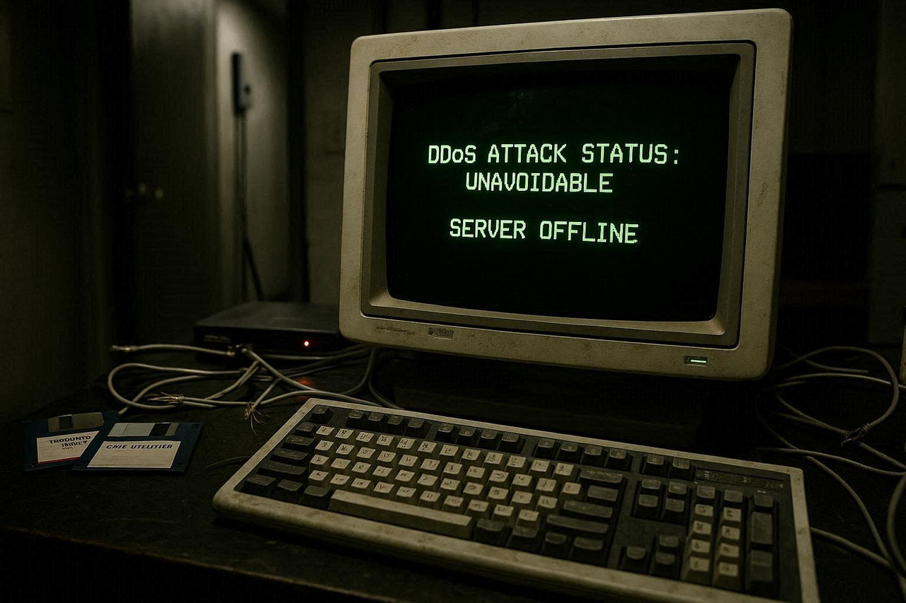 Retro terminal screen displaying DDoS Attack Status Unavailable and Server Offline warning during a cyberattack