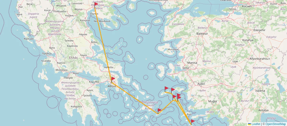A map showing the planned route with a red flag on each of the places I visited.