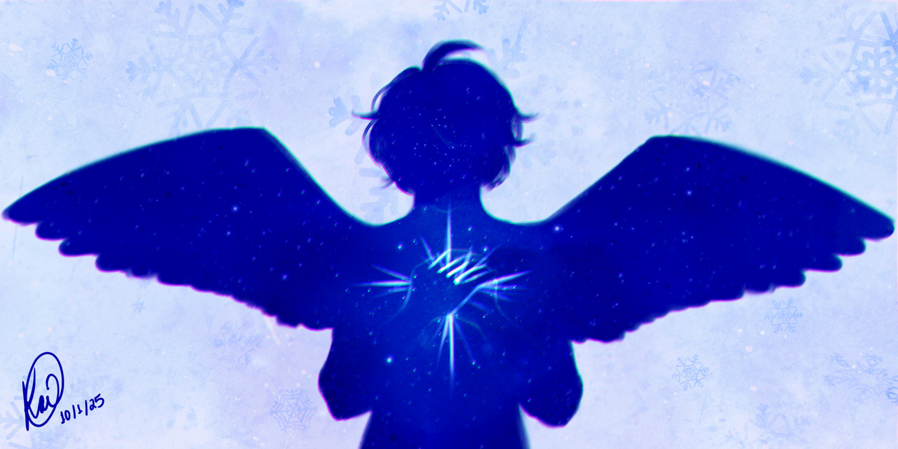 An illustration of Noël (Sound Horizon). It features Noël's silhouette bathed in the color of the cosmos, his hands clutching a brightly shining star to his chest--to his heart. The background is an icy pale blue, snowflakes falling