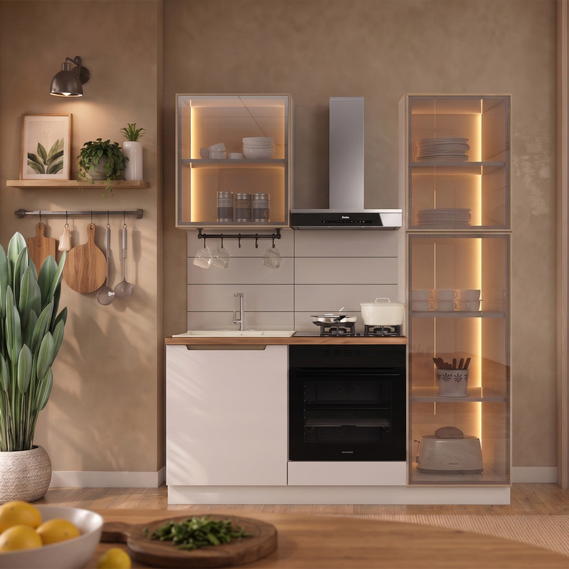 Hera 170 cm Mutfak Dolabı Seti %100 MDF Ledli Boy Dolaplı Fırın Modüllü Lavabolu Mutfak Dolabı Takımı 4 Modül Tezgah Dahil Bej