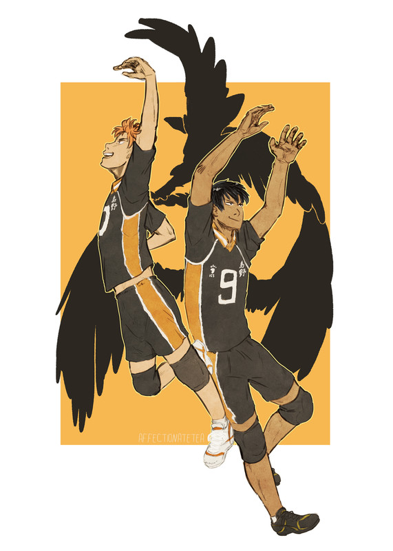 Hinata and Kageyama in their volleyball uniforms mid-game with black wings.