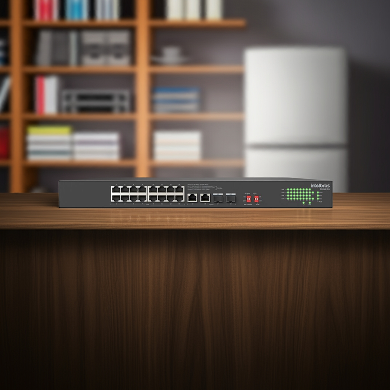 Switch Intelbras S1118F-PA em cenário de uso empresarial com câmeras de segurança e telefones IP.
