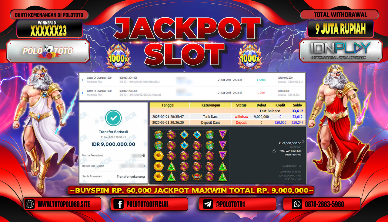 POLOTOTO JACKPOT SLOT GATES OF OLYMPUS 1000 Rp.9.000.000,- LUNAS