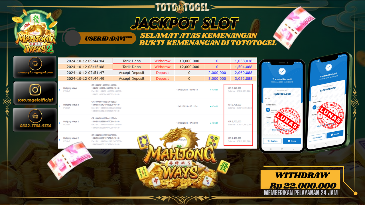 Bukti Kemenangan Permainan Slot Mahjong Wayz 2  ID : DAVI*** Terbayar Lunas!!
