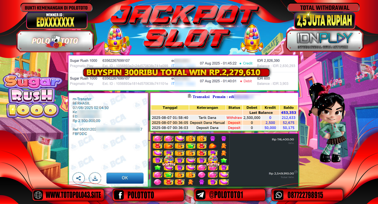 POLOTOTO JACKPOT SLOT SUGAR RUSH 1000 Rp.2.500.000,-LUNAS