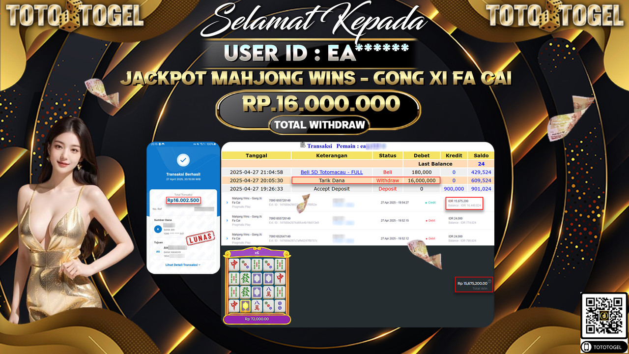 Bukti Pembayaran Jackpot  Permainan Slot Mahjong Wins - Gong Xi Fa Cai ID:EA***** LUNAS
