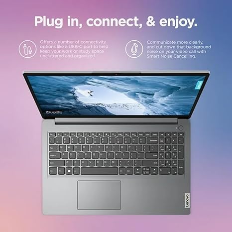 Laptop Lenovo IdeaPad 1i de 15.6 pulgadas en un entorno de hogar.