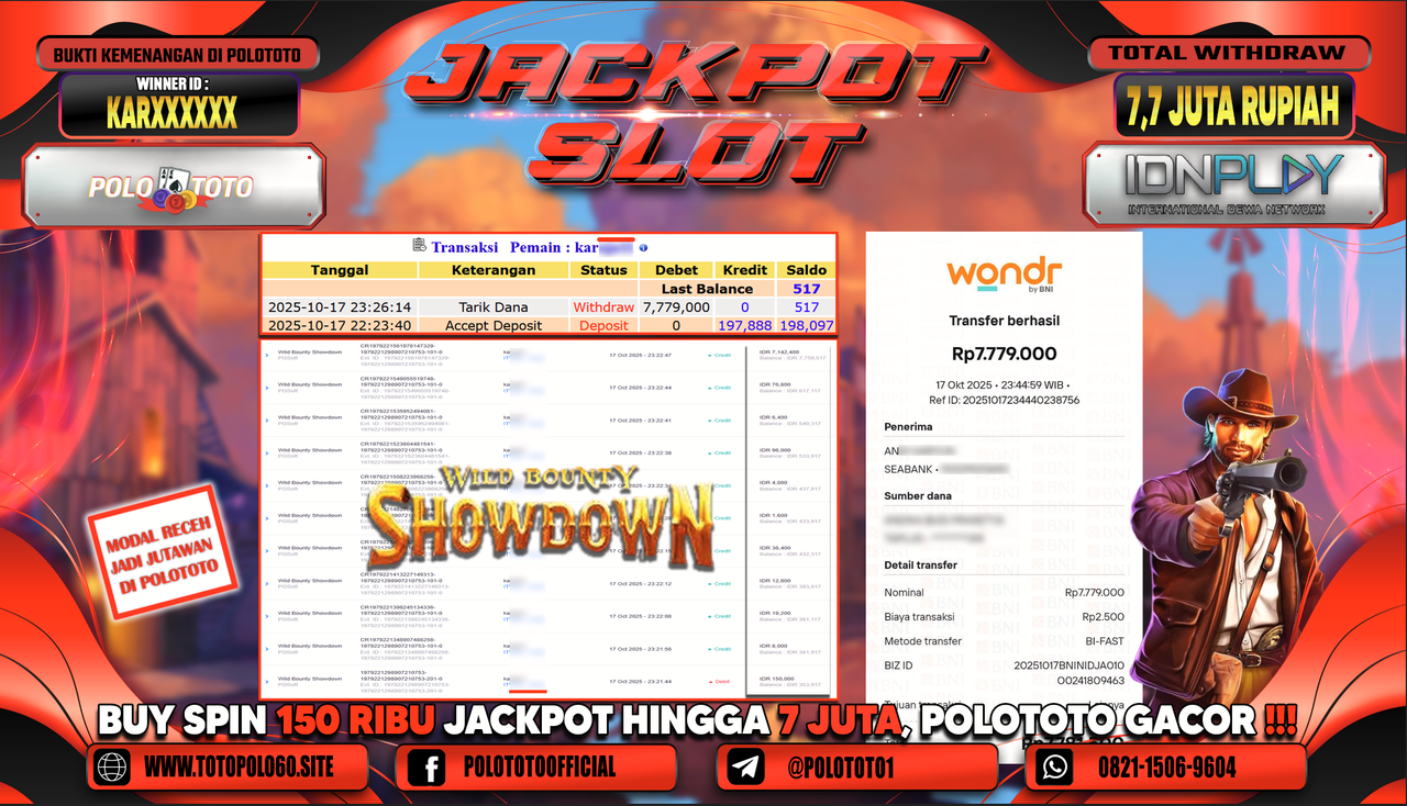 POLOTOTO JACKPOT SLOT WILD BOUNTHY SHOWDOWN Rp.7.700.000,- LUNAS