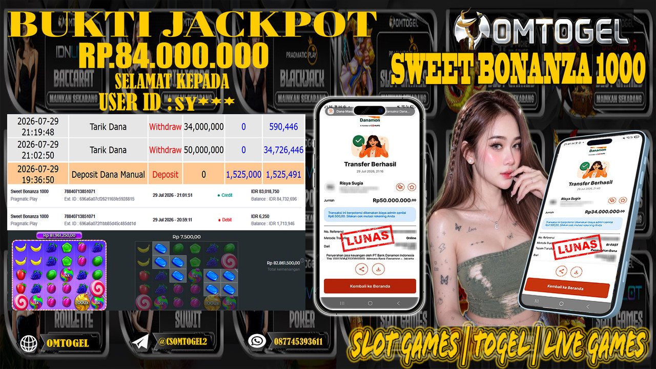 OMTOGEL JACKPOT PRAGMATICPLAY SWEET BONANZA 1000  Rp,84,000,000,- DIBAYAR LUNAS