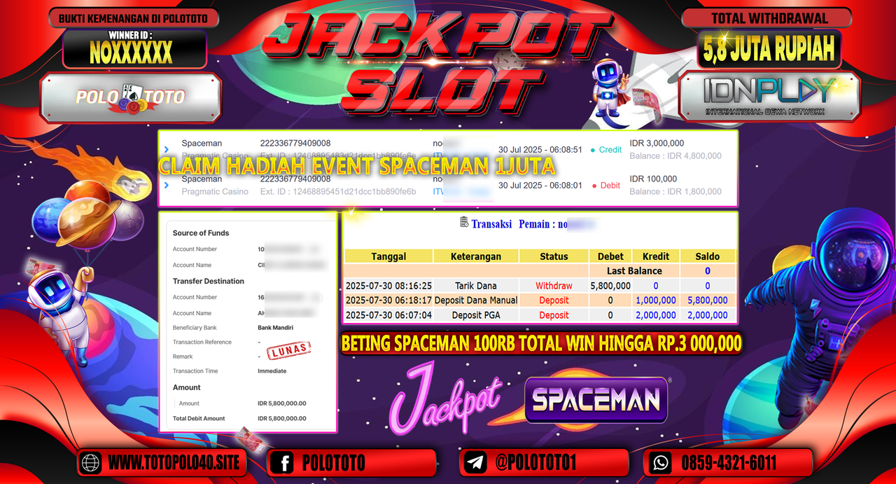 POLOTOTO JACKPOT SLOT SPACEMAN Rp.5.800.000,-LUNAS