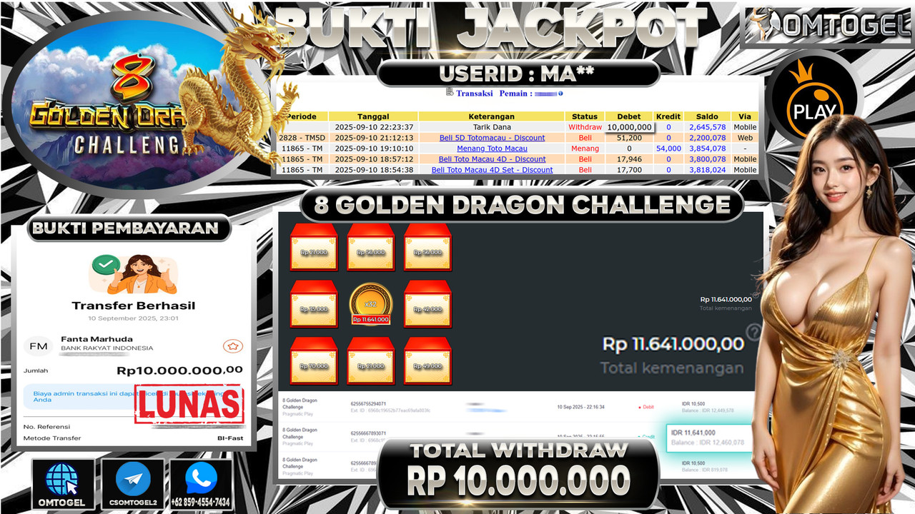 OMTOGEL JACKPOT PRAGMATIC PLAY 8 GOLDEN DRAGON CHALLENGE 10 JUTA DI BAYAR LUNAS ,-
