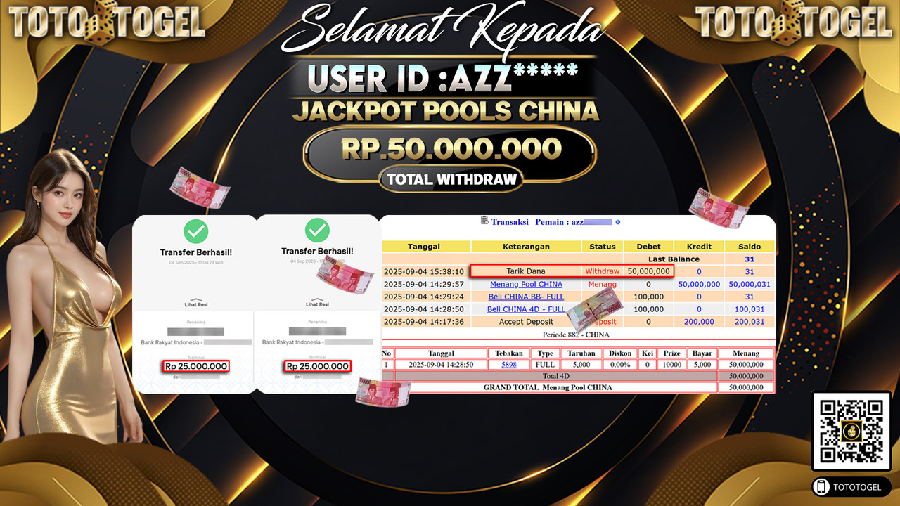 Bukti Pembayaran Jackpot Permainan Togel Pools China ID:AZZ***** LUNAS