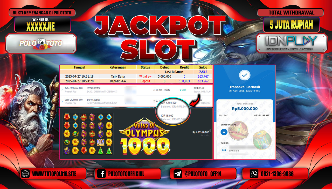 POLOTOTO JACKPOT SLOT GATES OF OLYMPUS 1000 Rp.5.000.000,-