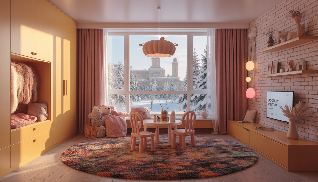 Ковер в детской комнате с каталогом modern-rugs.ru на полке в интерьере