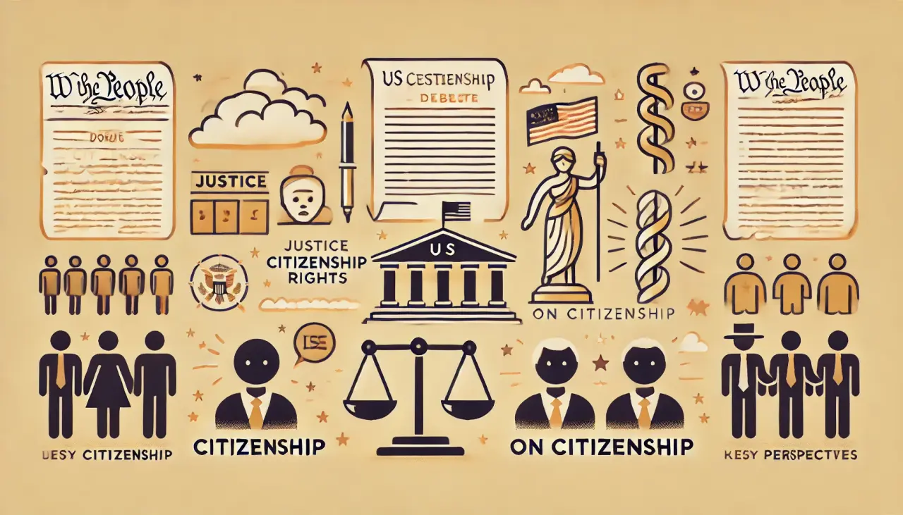 Illustration showing the debate on citizenship rights under the US Constitution, with key perspectives on citizenship.