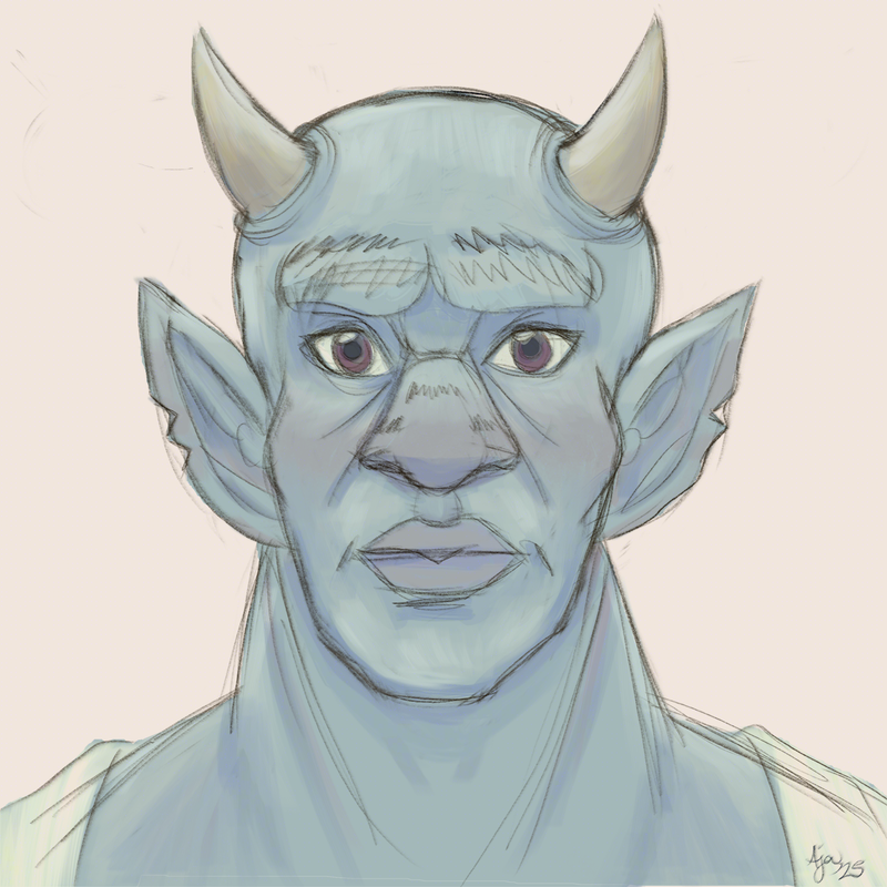 A muscular gargoyle who looks at the viewer with contentment; he is a light teal color with short yellow-gray horns, long pointed ears with a few missing skin pieces on the lobes, and a white top near the shoulders.