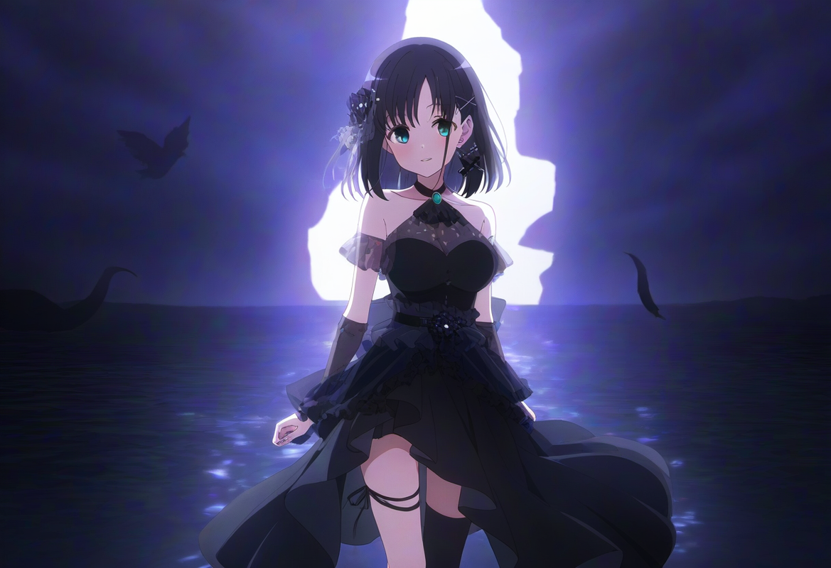 1girl, {{touyoko momoko (saki)}}, black hair, green eyes, leg warmers, leg ribbo s-4182884100