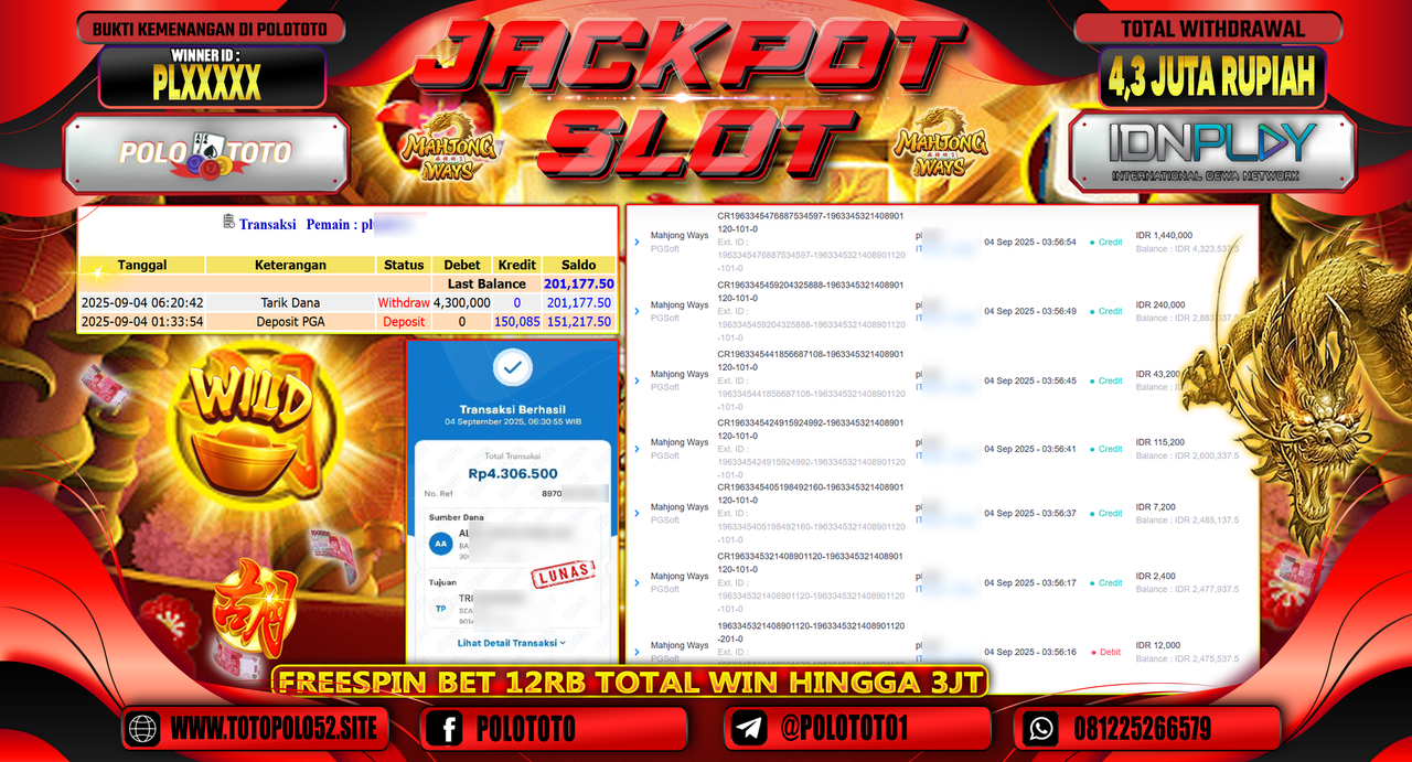POLOTOTO JACKPOT SLOT MAHJONG WAYS Rp.4.300.000,-