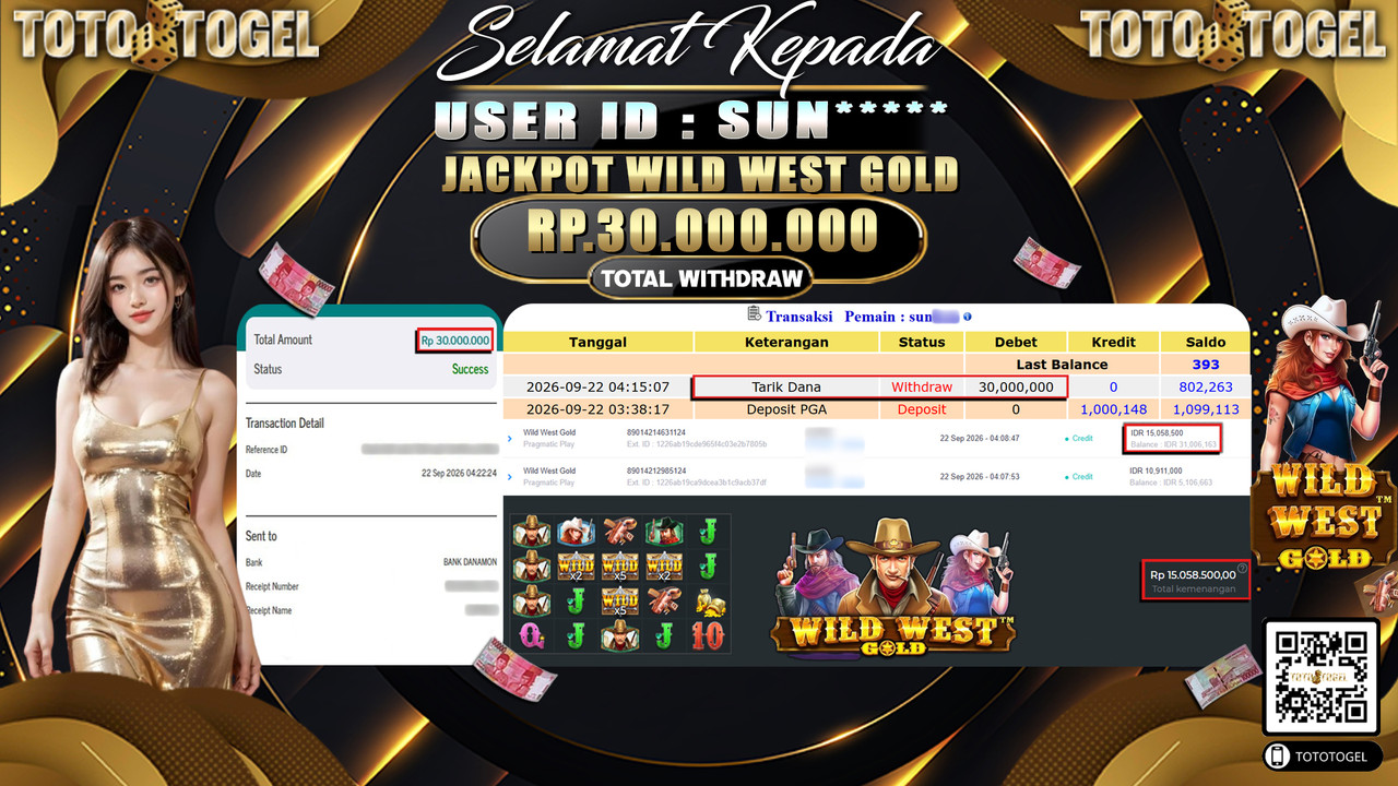 Bukti Pembayaran Jackpot Slot Wild West Gold ID:SUN*****LUNAS
