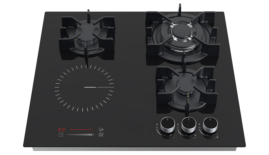 Estufa Híbrida Drija Sicilia Touch 60 con quemadores de gas y placa radiante eléctrica.