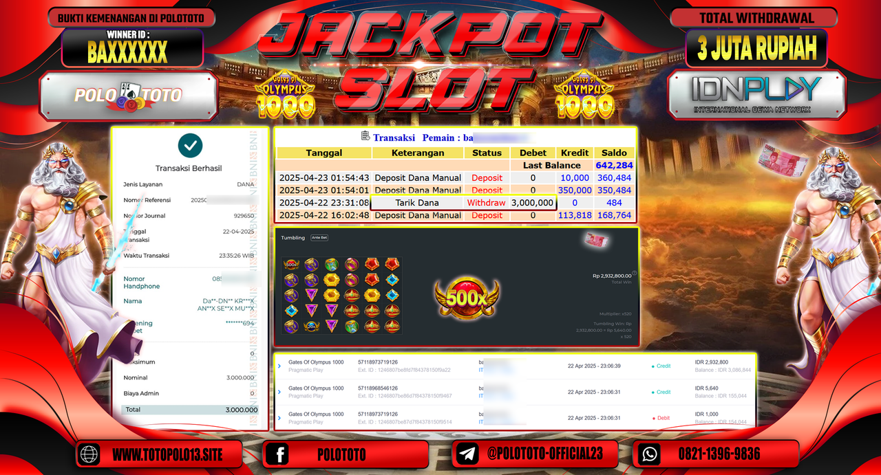 POLOTOTO JACKPOT SLOT GATES OF OLYMPUS 1000 Rp.3.000.000,-
