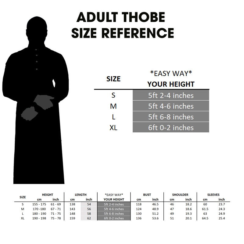 UAE Emirati Thobe Size Reference