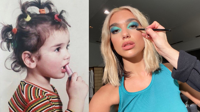 Dua Lipa kecil vs besar sedang bermakeup