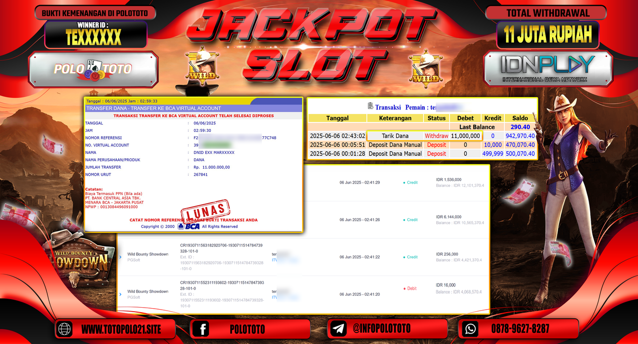 POLOTOTO JACKPOT SLOT WILD BOUNTY SHOWDOWN  Rp.11.000.000,-