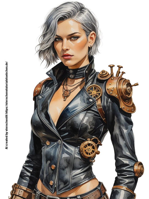 hells angel ,steampunk in black leather clothes, silver short Hair, aquarellpainting 4k, full body (
