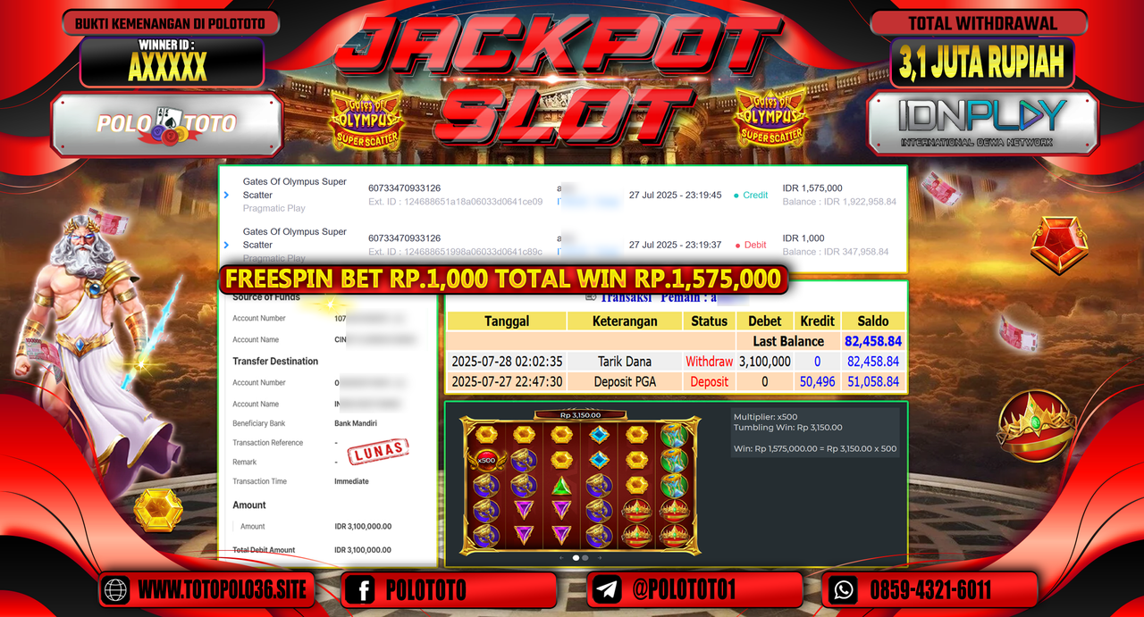 POLOTOTO JACKPOT SLOT GATES OF OLYMPUS SUPER SCATTER Rp.3.100.000,-LUNAS