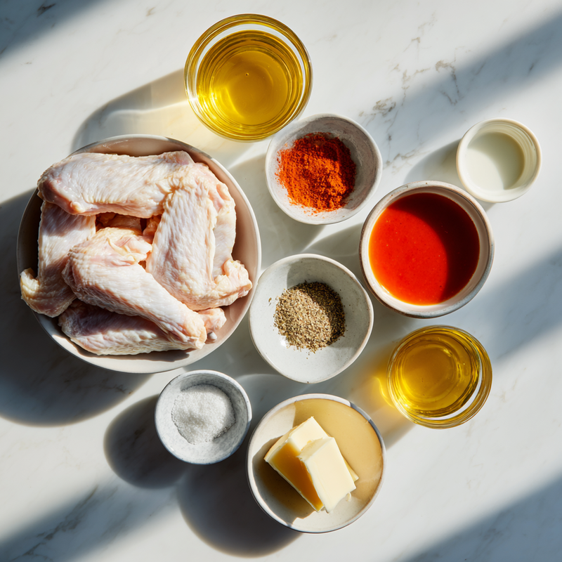 Overhead flat lay of ingredients for air fryer buffalo chicken wings including wings, spices, and sauce