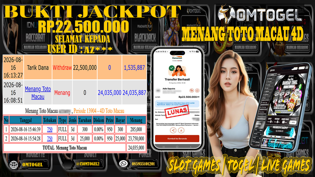 OMTOGEL JACKPOT MENANG TOTO MACAU 4D Rp,22,500,000,- DIBAYAR LUNAS