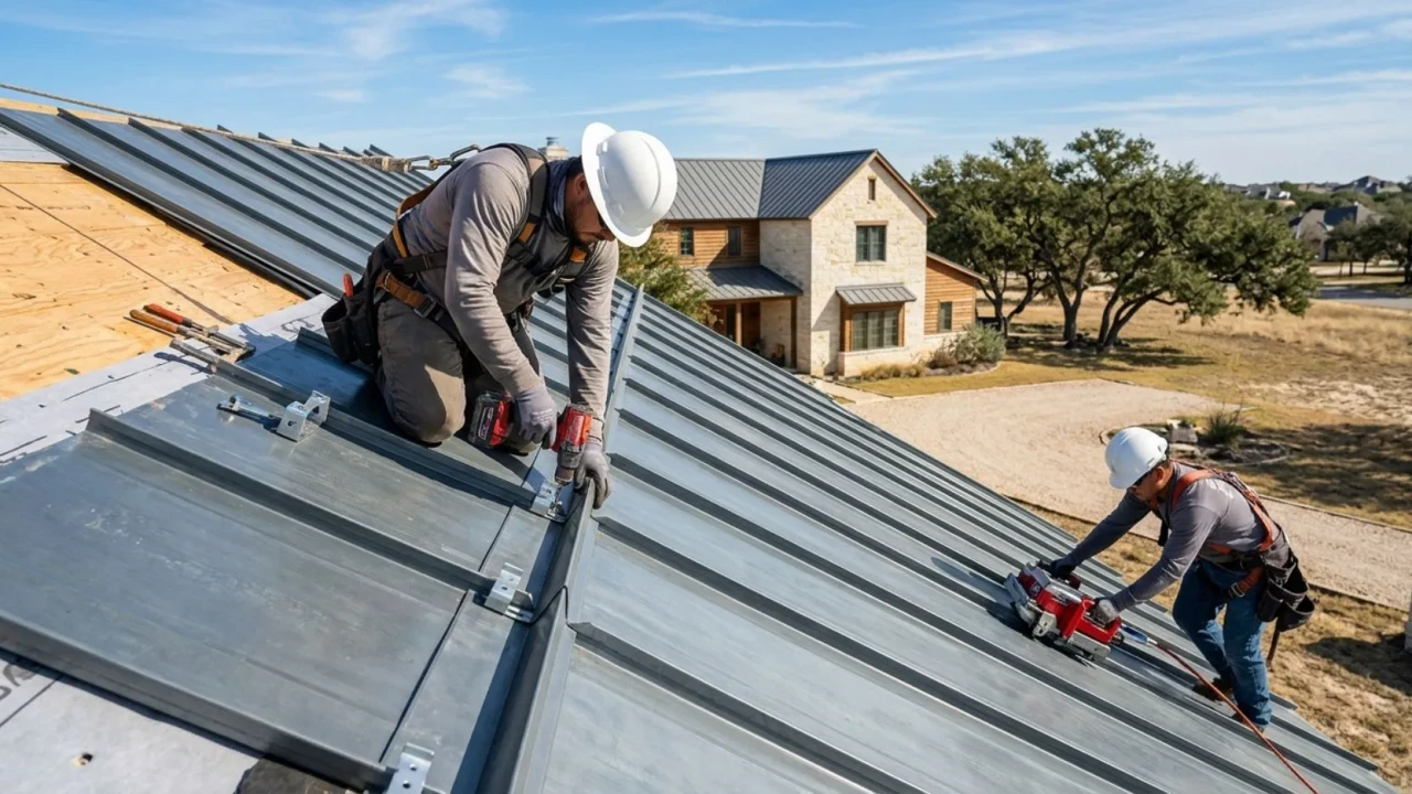 Zinc roof installation in progress showing clip fastening system and panel seaming on a Texas home