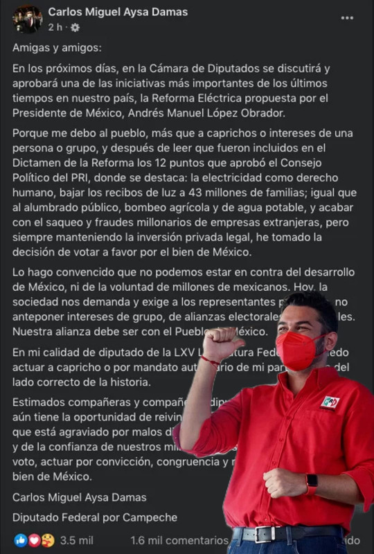 Rubén Moreira lanza advertencia a diputados del PRI por Reforma Eléctrica