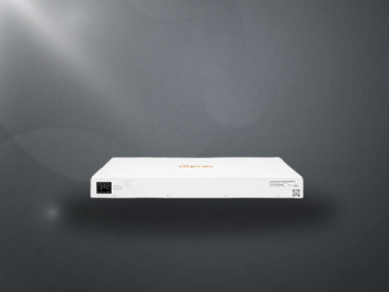 Vista frontal do Switch HPE Aruba Instant On 1830 24G 2 SFP 195W PoE (JL812A), exibindo as 24 portas Gigabit Ethernet e as portas SFP.