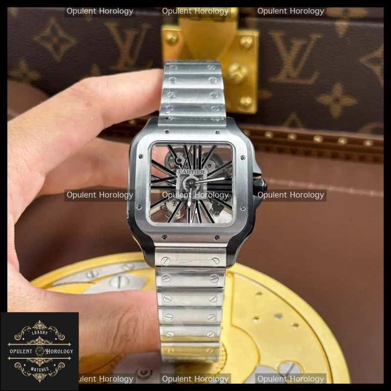 Cartier Santos Skeleton Replica 1:1 Watch Black Bezel 39.8mm Manual Winding Movement