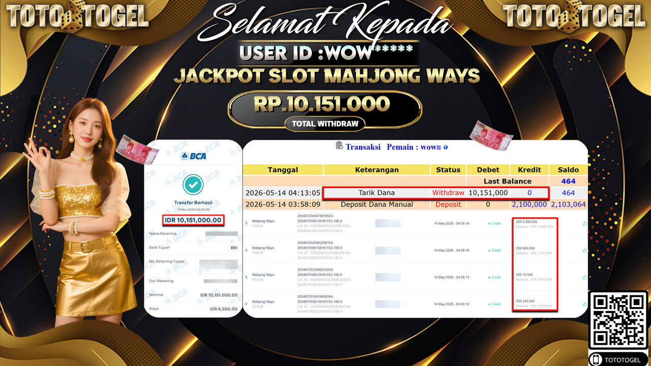 Bukti Pembayaran Jackpot Permainan Slot Mahjong Ways ID:WOW***** LUNAS