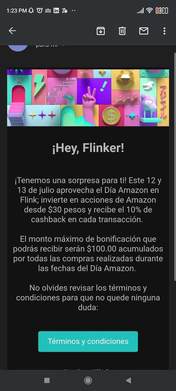 Flink: Cashback de 10% invirtiendo en acciones Amazon Topado a $100 

