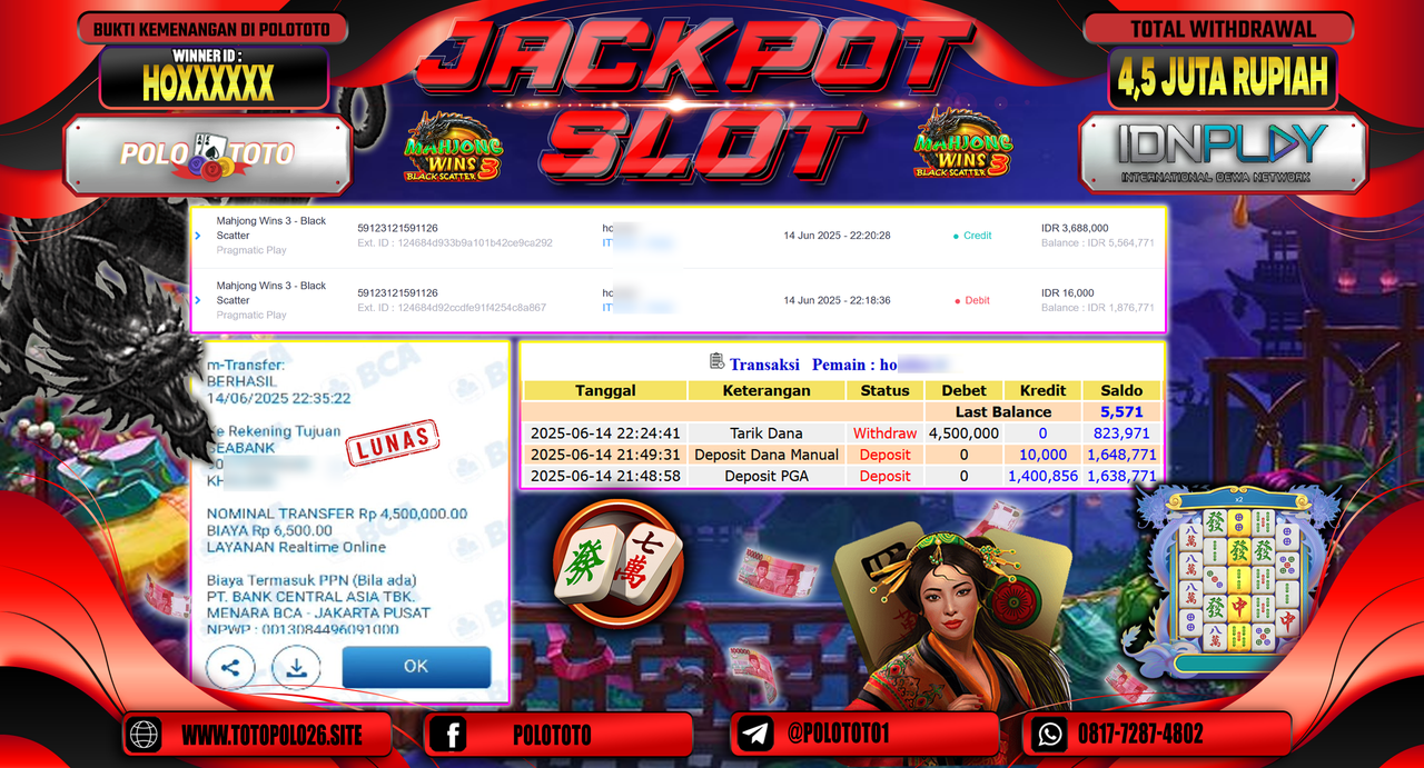POLOTOTO JACKPOT SLOT MAHJONG WINS 3 - BLACK SCATTER Rp.4.500.000,-