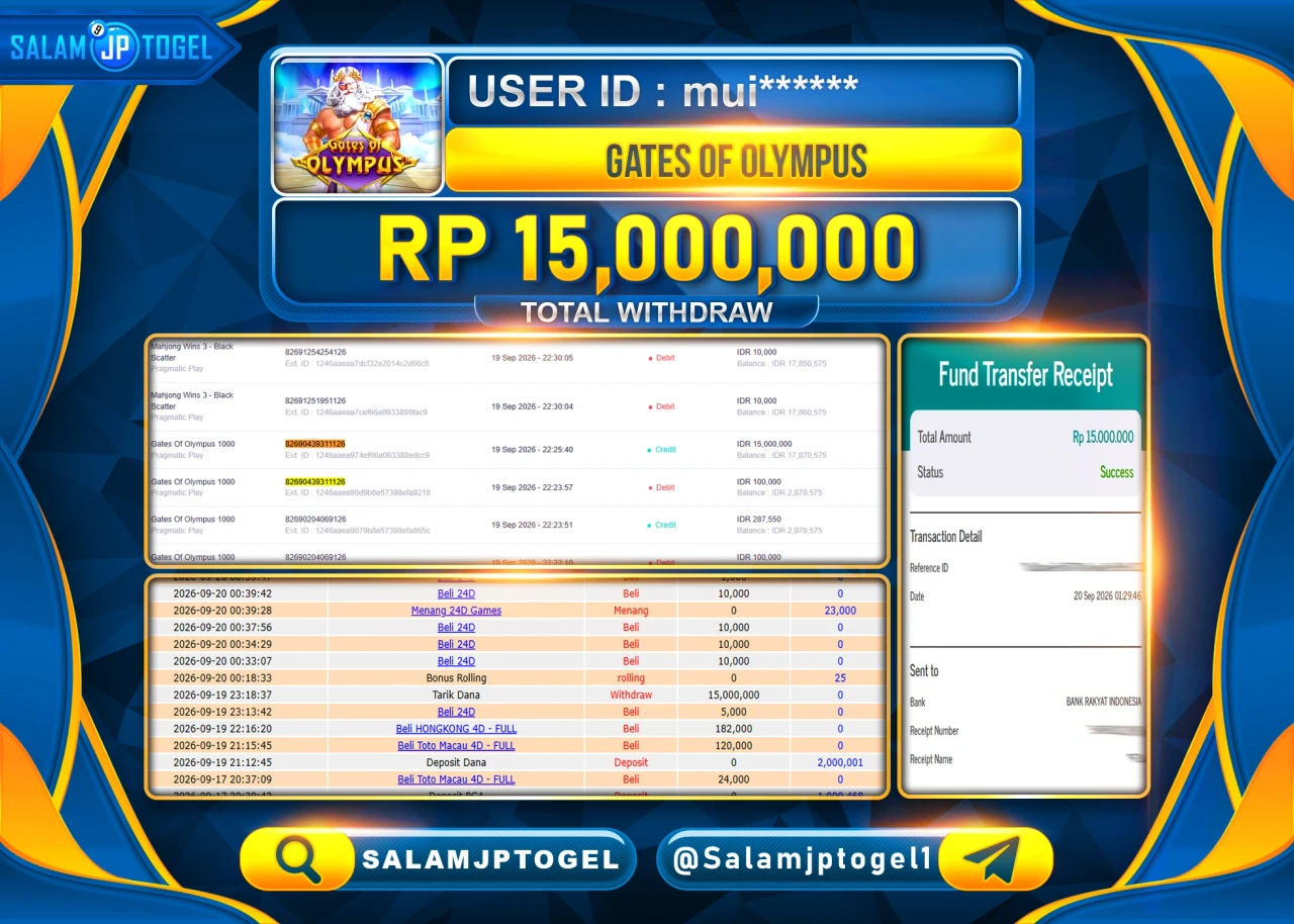 SALAMJPTOGEL JACKPOT MENANG SLOT GATES OF OLYMPUS Rp.15,000,000 - LUNAS