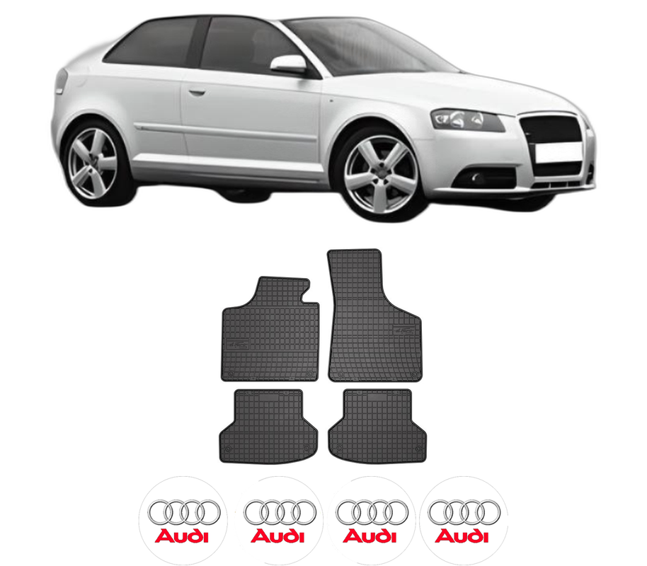 Set covorase presuri AUDI A3 (8P1) din 2003-2012, auto, din cauciuc thermoplastic, 4 Stickere auto cu AUDI