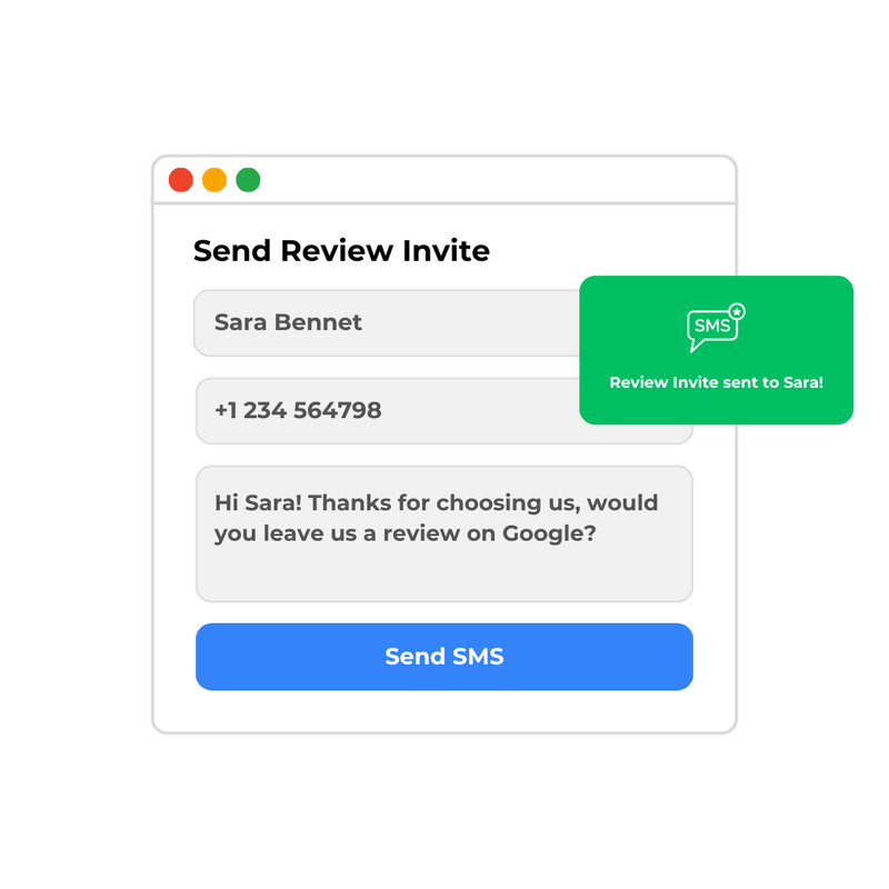 Screenshot of the Eazy Reviews software sending an SMS review invite.