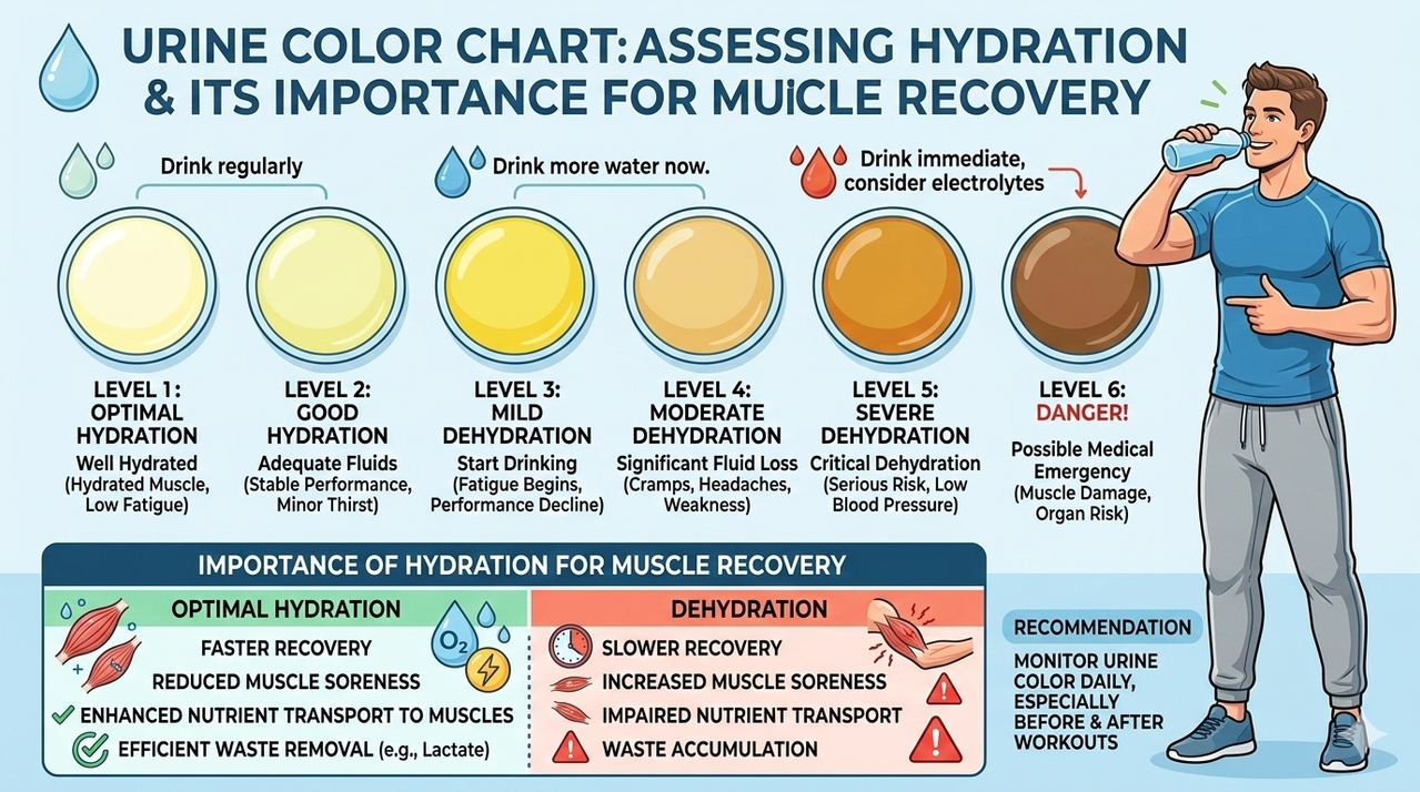 Urine color chart showing hydration levels from well-hydrated to dehydrated for importance of hydration in muscle recovery