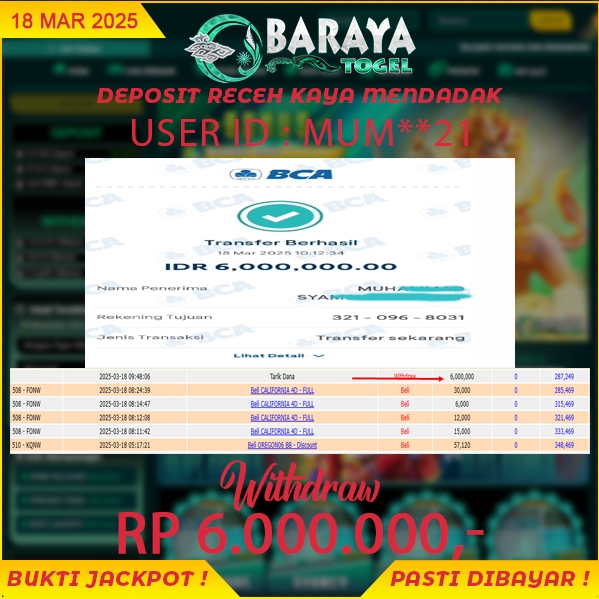 Rp. 6.000.000.- WD LUNAS DI BARAYATOGEL