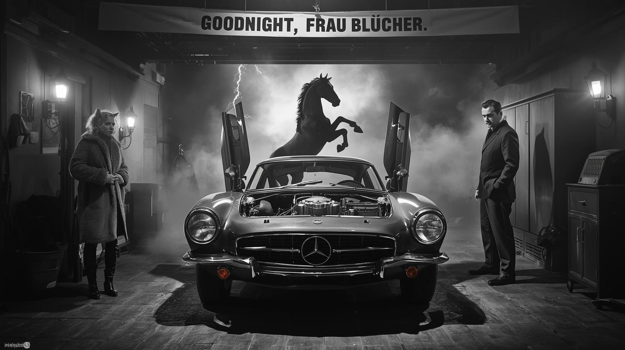 A surreal garage scene inspired by the film _Young Frankenstein._ In the foreground stands a bizarre