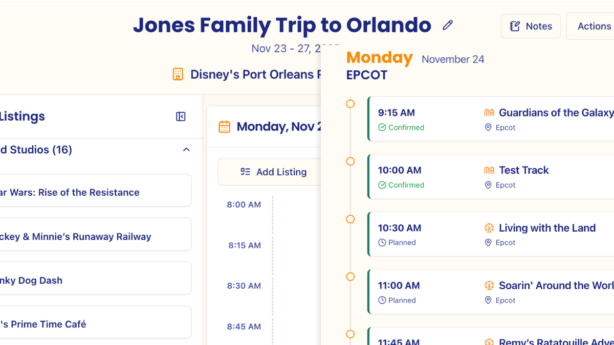 App screenshot of the itinerary planner.