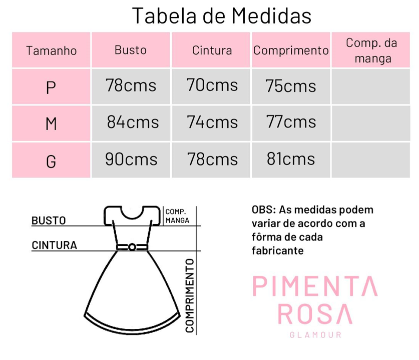 Tabela de Medidas Pimenta Rosa Glamour