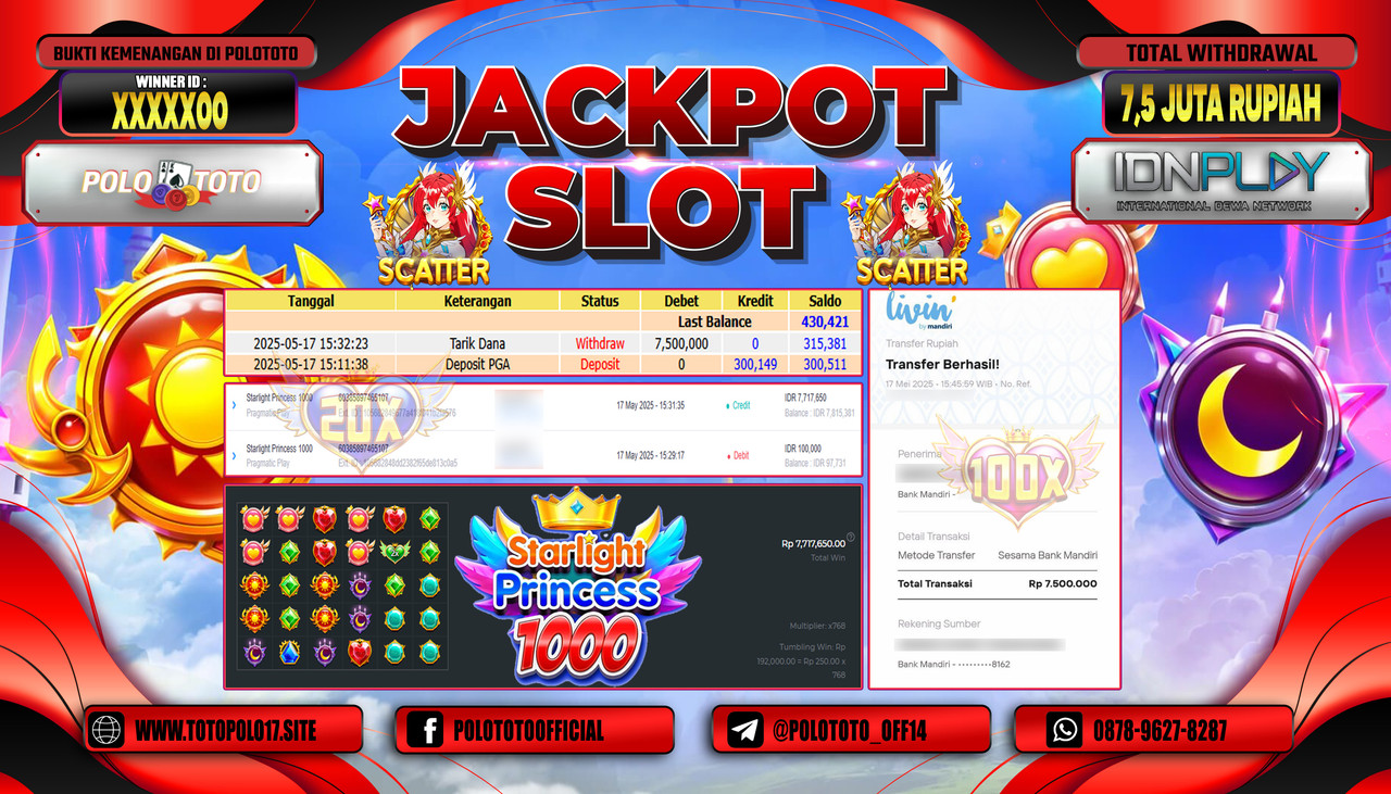 POLOTOTO JACKPOT SLOT STARLIGHT PRINCESS 1000 Rp.7.500.000,-